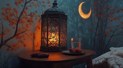 A serene and symbolic representation of Ramadan fasting, featuring a peaceful evening scene with a crescent moon and twinkling stars in a calm, dark sky. A traditional wooden table is set with dates, 