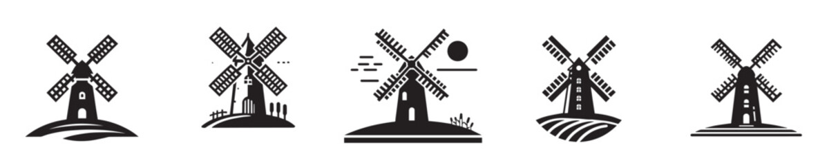 vector collection of windmill silhouette icons from the Netherlands