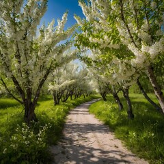 Fototapeta premium Bird Cherry Trees in Bloom Along a Sunlit Spring Path