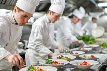 A group of chefs in a commercial kitchen demonstrate food safety practices during a training session, Implementing a comprehensive food safety training program for all kitchen staff