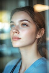Fototapeta premium Contemplative woman gazing thoughtfully through glass, showcasin