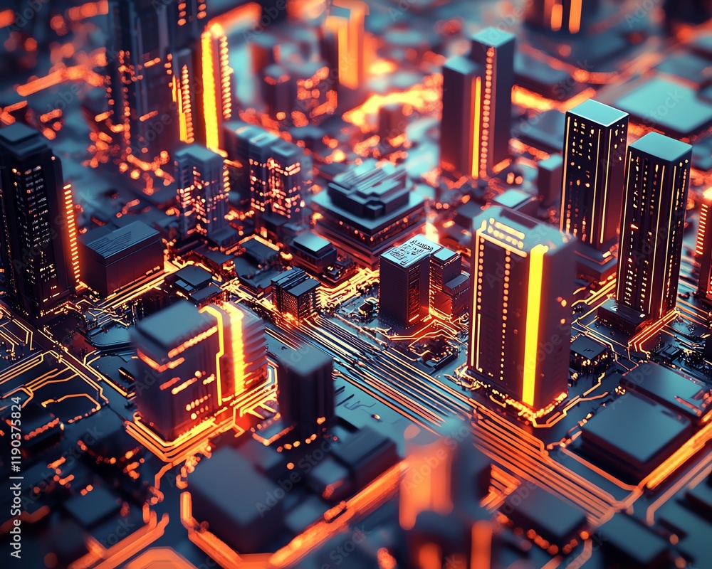 Poster a hightech smart city on a computing board, with neon electronic networks and glowing data pathways,