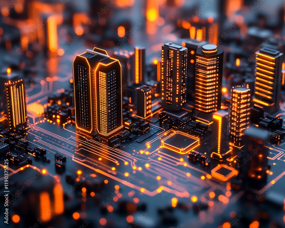 Poster a hightech smart city on a computing board, with neon electronic networks and glowing data pathways,