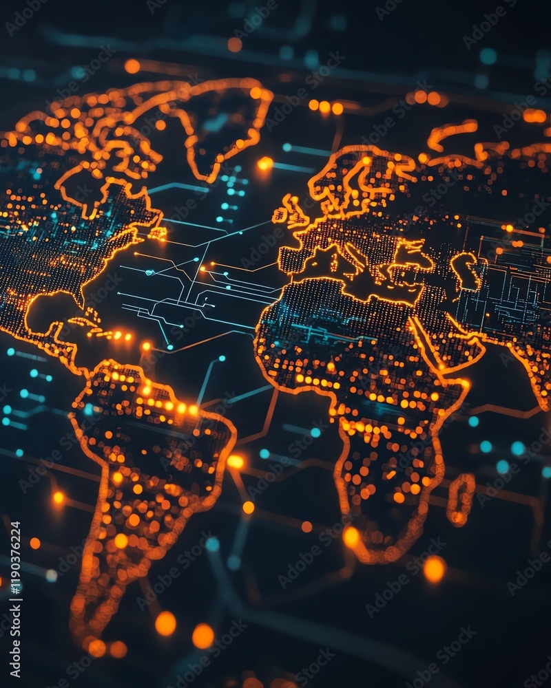 Poster an illuminated world map showcasing aipowered global networks, interconnected with electronic circui