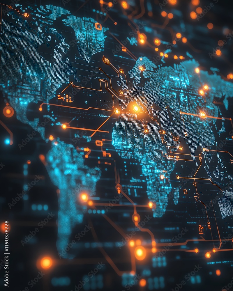 Poster an illuminated world map showcasing aipowered global networks, interconnected with electronic circui