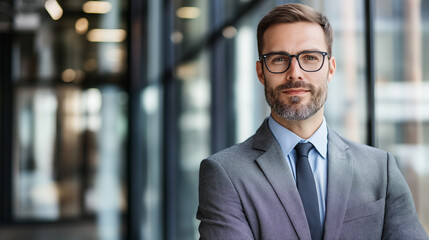 Professional man with glasses in formal business attire. Perfect for consulting services, corporate leadership, or finance sector