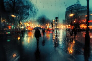 Fototapeta premium Mysterious urban scene with blurred figures under umbrellas, ref