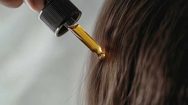 Shiny oil drop being applied to hair, showcasing healthy hair ca