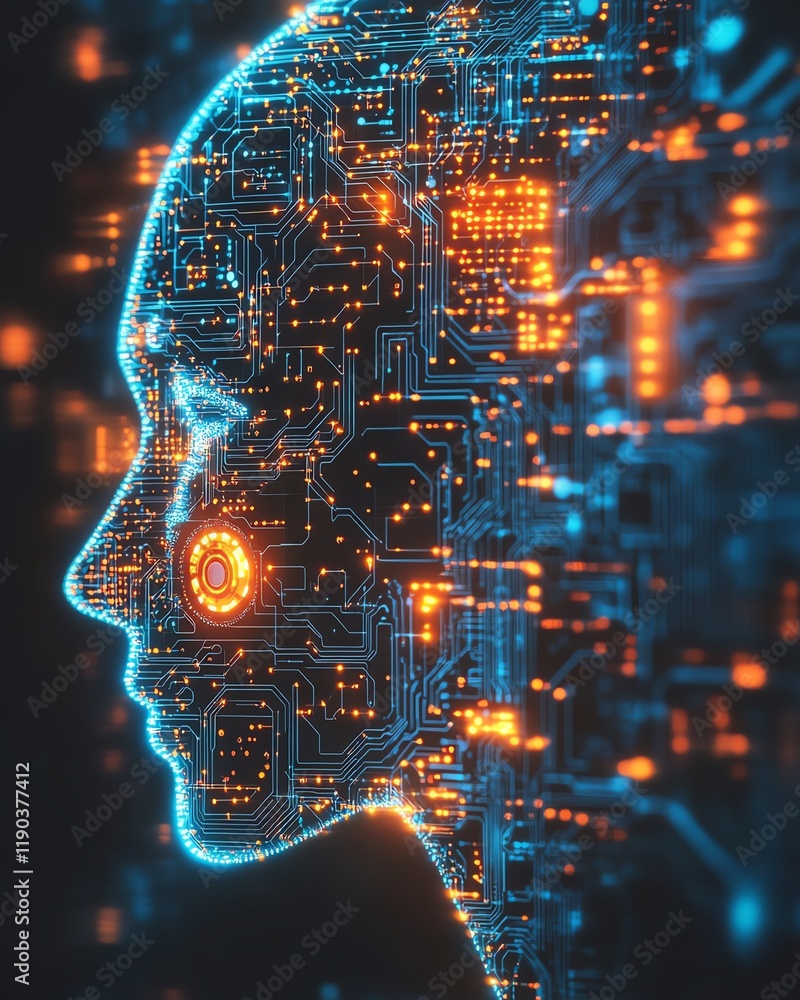 Poster a dynamic tech world map with artificial intelligence links, electronic circuit paths glowing betwee