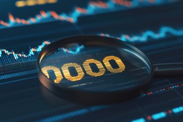 Magnifying glass focusing on 10000 number over stock market graph.