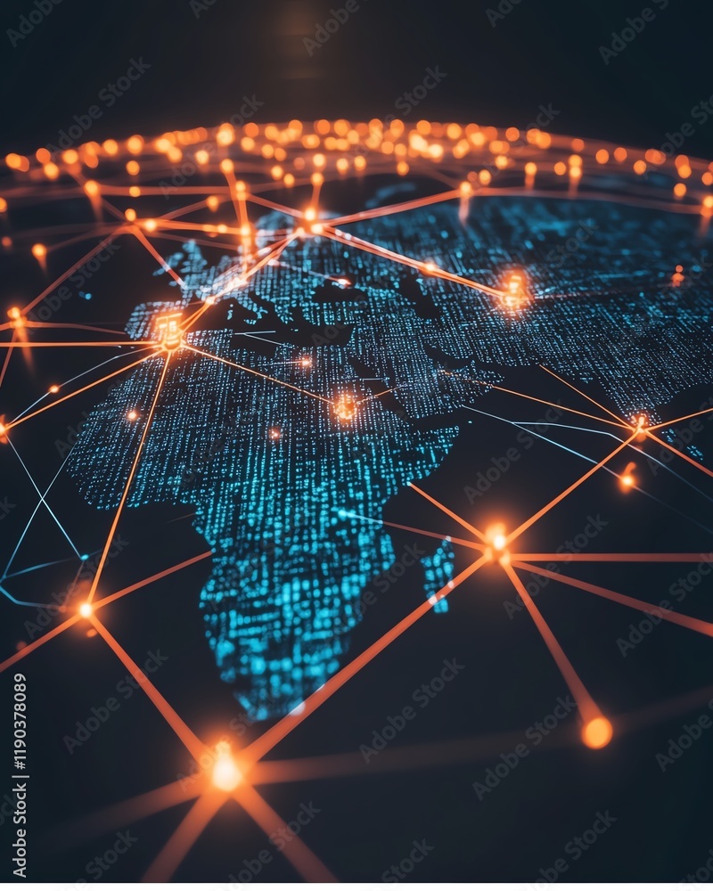 Poster a global tech map with aidriven electronic circuits linking continents, glowing data paths connectin