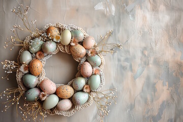 Easter wreath made of speckled eggs and macrame, concept of DIY Easter crafts and rustic spring decor
