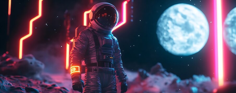 A retro-futuristic cyberpunk astronaut standing under neon lights on an alien moon