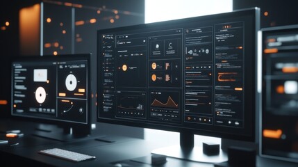 Dark room with three computer monitors displaying data analytics dashboards.