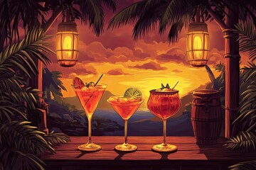 Tropical sunset scene features three colorful cocktails amidst l
