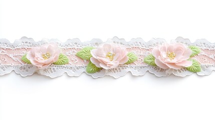 Elegant white lace with vibrant pink flowers and lush green leaves for delicate design