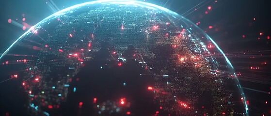 A hightech digital Earth globe with global finance and business trading connections, glowing telecommunication data streams flowing across continents, 4K resolution