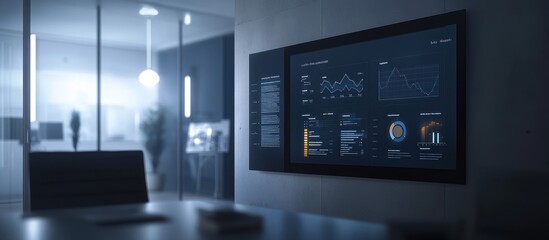 Modern office at night with a large screen displaying financial data and graphs.