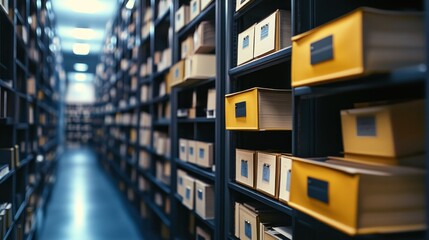 Archive storage with rows of metal shelving units filled with cardboard boxes.