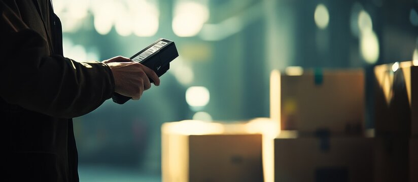 Person using handheld device in warehouse.