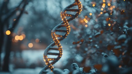 Glowing DNA helix in snowy winter scene.