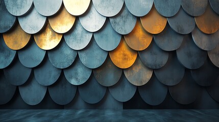 Metallic Scaled Wall: Abstract Gold and Blue Hues