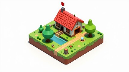 Obraz premium 3d Charming Cartoon House Surrounded by Lush Greenery and a Serene Pool in a Playful Landscape