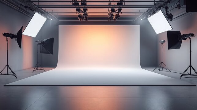 Minimalist studio with smooth grey floor and white cyc wall, dramatically lit by spotlights creating a subtle gradient effect. A perfect space for photography and creative projects