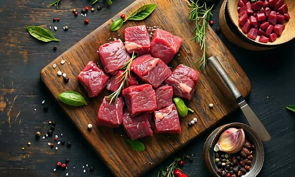 Fresh cuts of beef on a wooden board surrounded by herbs and spices, showcasing vibrant colors and textures for culinary use