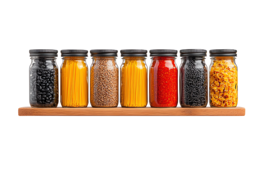 A line of glass jars filled with various types of pasta and legumes, showcasing vibrant colors and textures.