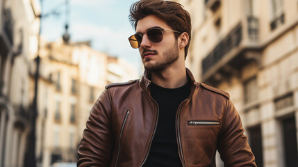 Stylish man in leather jacket walking urban street. Great for men's fashion, city lifestyle, or casual luxury