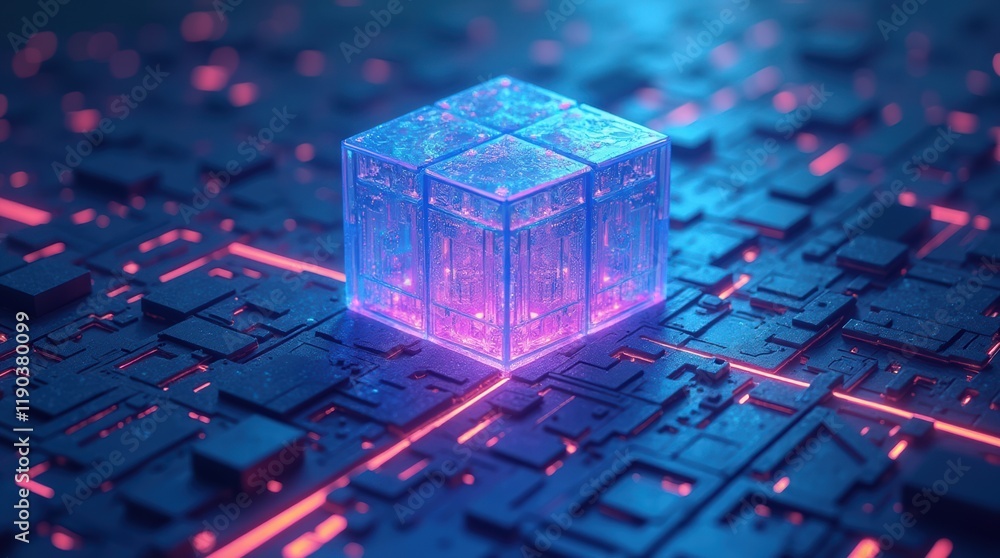 Poster futuristic geometric cubes embedded in a neon circuit environment with vibrant lighting