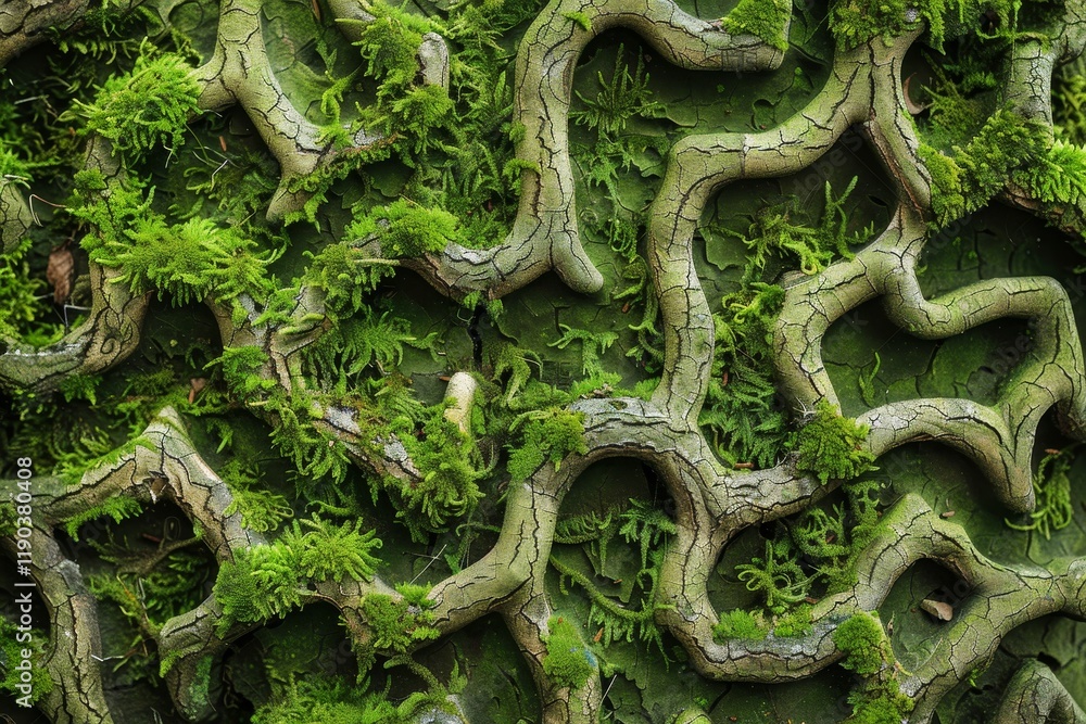 Poster a close-up view of intertwined tree roots covered in lush moss, intricate patterns and shapes formed