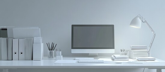 Minimalist white home office workspace with computer, desk lamp, and stationery.
