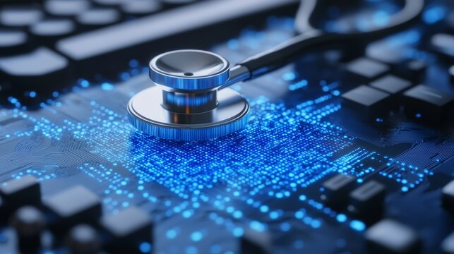 Stethoscope on the keyboard represents future technology.