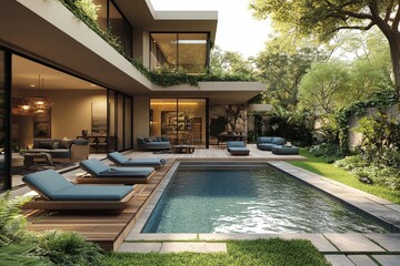 3D rendering of a modern backyard with pool, lounge chairs, and blue seating furniture, surrounded by greenery and soft lighting, creating a serene summer atmosphere.