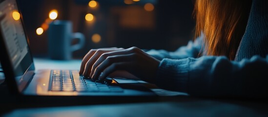Woman's hands typing on laptop at night.