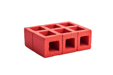 A set of red concrete blocks with hollow centers, designed for construction and building purposes.