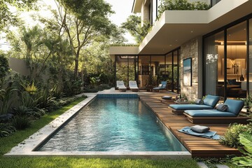 3D rendering of a modern backyard with pool, lounge chairs, and blue seating furniture, surrounded by greenery and soft lighting, creating a serene summer atmosphere.