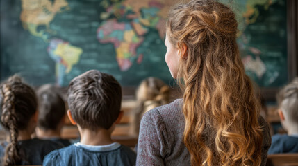 A teacher with long blonde hair faces a world map, instructing a classroom of children