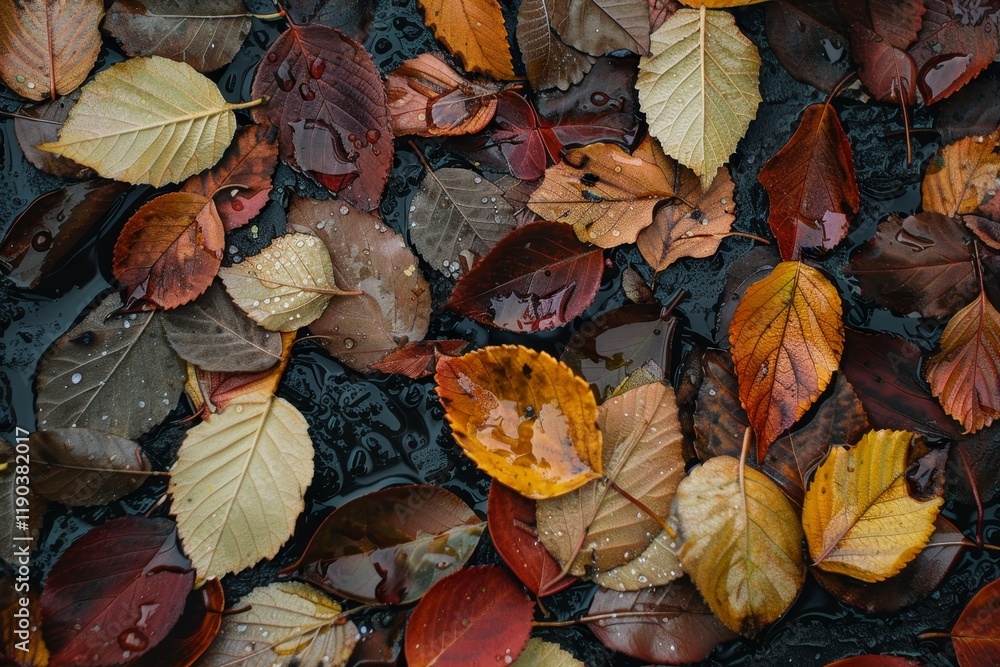 Poster a close-up view of fallen autumn leaves with raindrops creating intricate patterns, a gentle rain sh