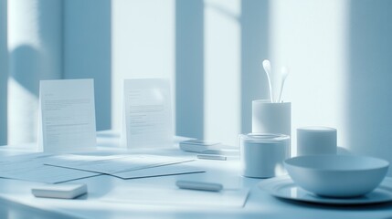 Minimalist white table scene with papers, containers, and utensils in soft blue light.