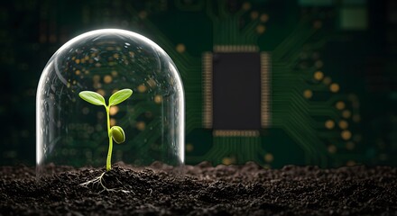 Seedling under protective glass dome with futuristic digital interface highlighting innovation in precision farming and environmental monitoring for sustainable crop growth and agricultural efficiency