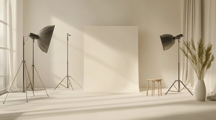 Minimalist photo studio setup with lights, backdrop, and stool.
