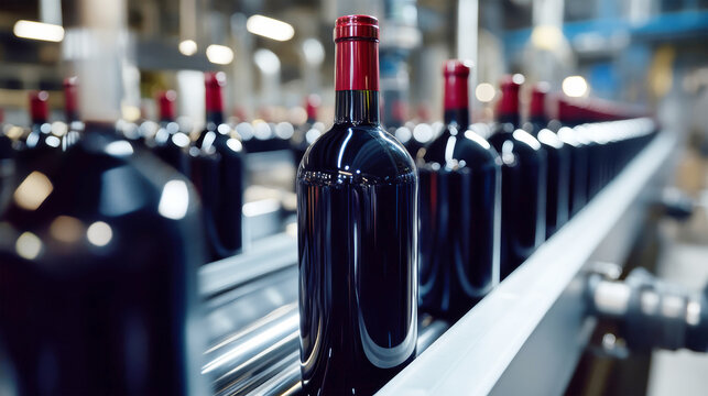 Production process of sleek black wine bottles on conveyor belt in industrial setting showcasing craftsmanship and design