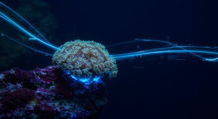 Coral reef energy transfer with digital flow light concept for ocean biodiversity conservation innovation and underwater marine technology with futuristic data network