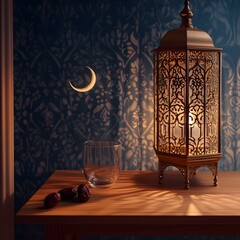 A serene and symbolic representation of Ramadan fasting, featuring a peaceful evening scene with a crescent moon and twinkling stars in a calm, dark sky. A traditional wooden table is set with dates, 
