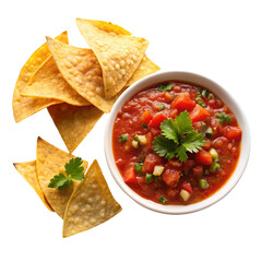 Platter of tortilla chips and salsa cut isolated on transparent background