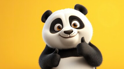 Fototapeta premium Cute funny panda, smiling, showing an approving thumb up. plain color background.