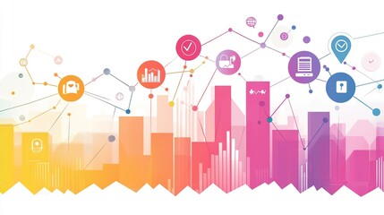 Obraz premium Abstract cityscape with interconnected data and graphs illustrating growth and digital transformation.
